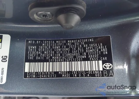 2016 Toyota Corolla Le z USA, uszkodzony, nr VIN 5YFBURHE2GP512201